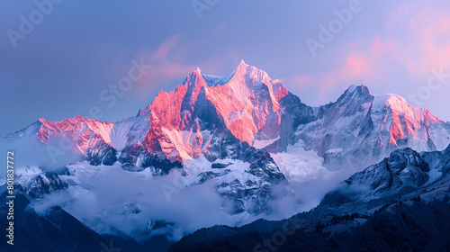 A majestic mountain range covered in snow, viewed at dawn, where the peaks glow with the soft pink light of the rising sun against a crisp blue sky