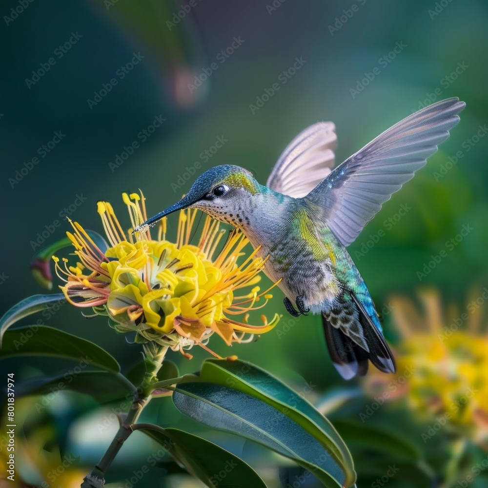 Fototapeta premium A hummingbird is perched on a yellow flower