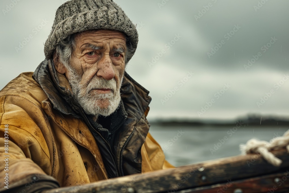 A portrait of an old Irish fisherman in a fishing jacket on his boat. Labor Day concept, Fisherman's Day A portrait of an old Irish fisherman in a fishing jacket on his boat. Labor Day concept, Fisherman's Day