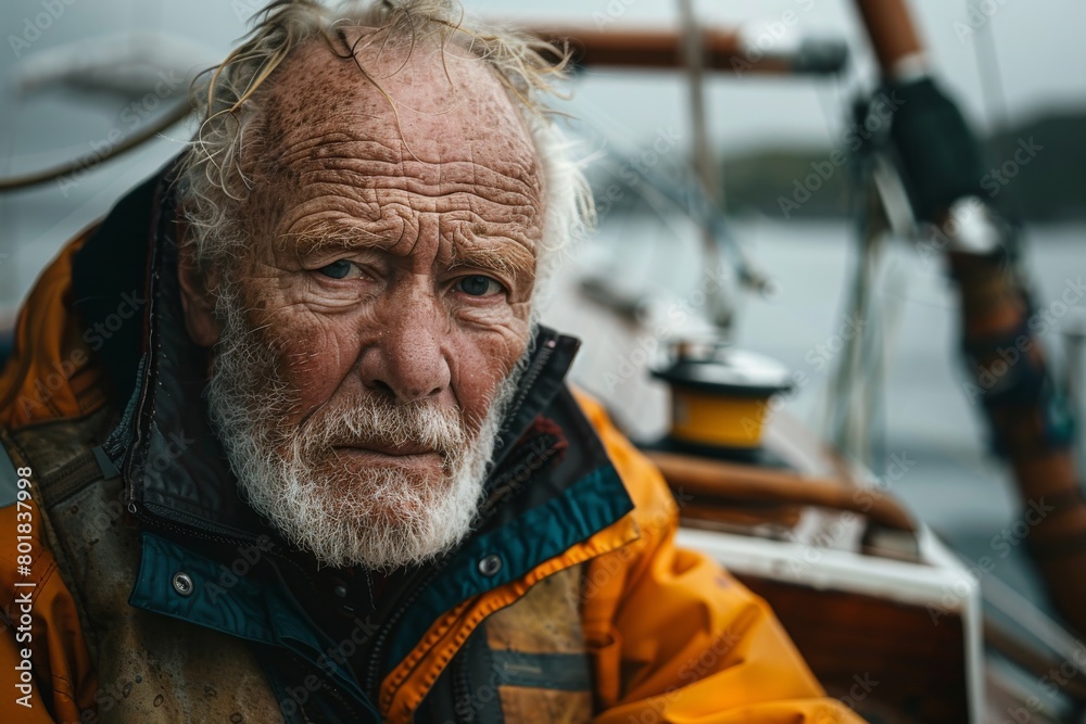 A portrait of an old Irish fisherman in a fishing jacket on his boat. Labor Day concept, Fisherman's Day A portrait of an old Irish fisherman in a fishing jacket on his boat. Labor Day concept, Fisherman's Day