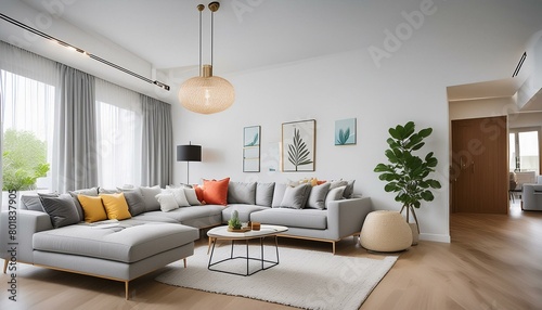 Clean lines, neutral colors, and minimal clutter. White walls, sleek gray furniture, minimalist artwork, and a few pops of color through accent pillows or decor items. Recessed LED lights floor lamps 