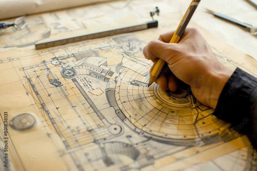 An architect drawing intricate plans on a drafting table, showcasing detailed designs and measurements in a well-lit studio An architect drawing intricate plans on a drafting table, showcasing detailed designs and measurements in a well-lit studio