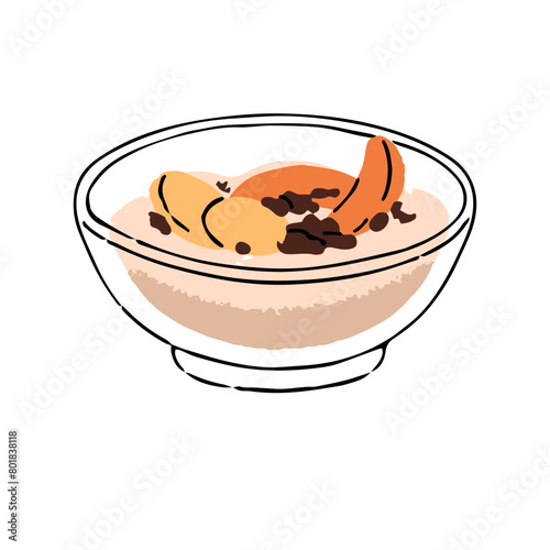 Glass bowl of granola with fruit slices, chocolate pieces. Dish of oatmeal cereal with cheese curd for breakfast. Healthy food, organic eating. Flat isolated vector illustration on white background