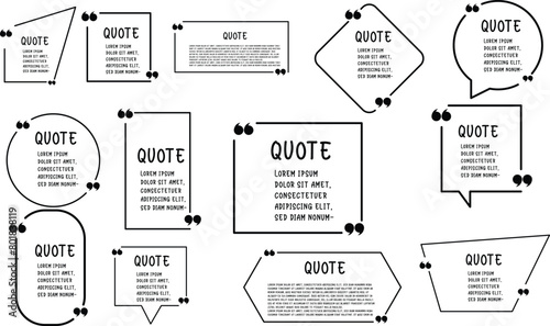 Set of various isolated quote frames. Speech bubbles with quotation marks. Blank text box and quotes. Blog post template. Vector illustration.