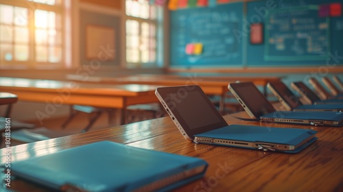 Digital classroom tablets on desk, soft morning light, eye-level, paperless learning