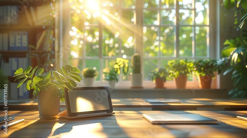 Digital classroom tablets on desk, soft morning light, eye-level, paperless learning