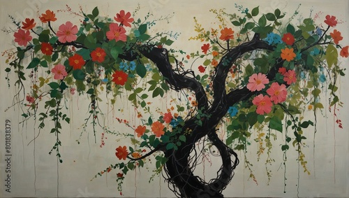 A neo expressionist painting of Two entwined vines with blossoming flowers photo
