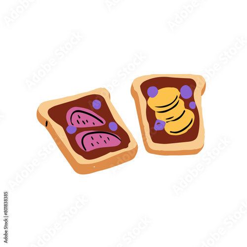 Fried toasts with chocolate butter and pieces of fruit, berries. Grilled slices of wholegrain bread with paste, blueberry. Breakfast food, snack. Flat isolated vector illustration on white background
