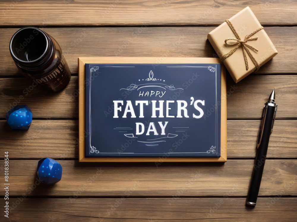 Design concept for a top view of a Father's Day gift idea, with a greeting on a wooden background.