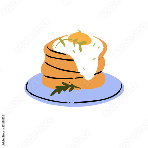 Stack of hash browns with scrambled egg. Pile of fried potato pancakes, roasted hashbrowns on plate. American breakfast meal. Delicious hotcakes. Flat isolated vector illustration on white background