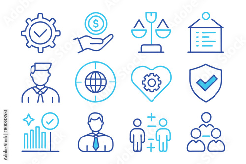 Business ethics and core values blue editable stroke outline  icon set Vector illustration on white background
