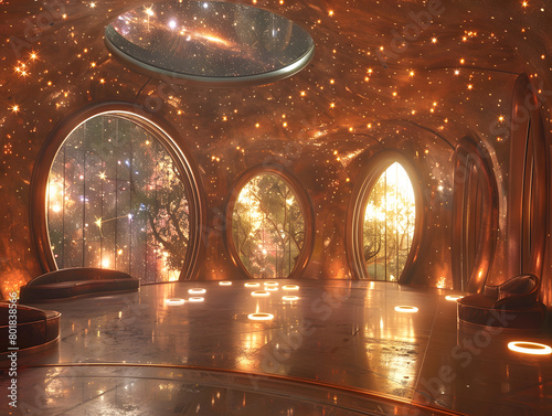 A futuristic exhibition with glowing stars and planets  white pods for seating  and a domed ceiling.