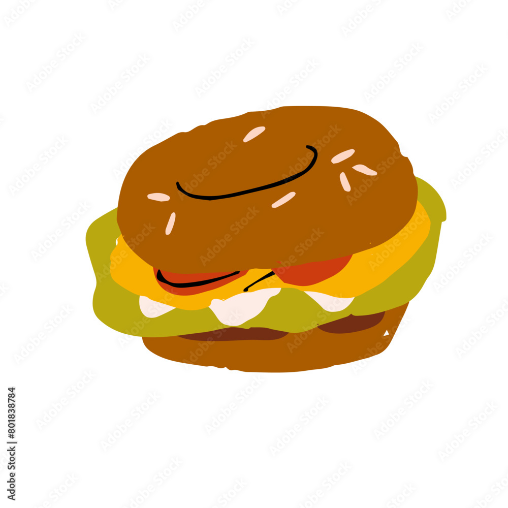 Bagel sandwich. Burger with donut of bread, meat fillings, salad leaf, sesame. Tasty dish, delicious food for lunch. Snack for breakfast eating. Flat isolated vector illustration on white background Bagel sandwich. Burger with donut of bread, meat fillings, salad leaf, sesame. Tasty dish, delicious food for lunch. Snack for breakfast eating. Flat isolated vector illustration on white background
