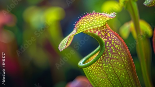 A closeup of a charming greenhued pitcher plant ready to capture unsuspecting insects. photo