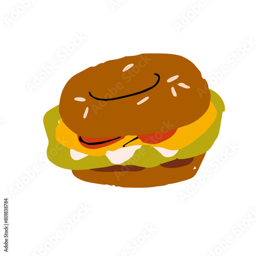 Bagel sandwich. Burger with donut of bread, meat fillings, salad leaf, sesame. Tasty dish, delicious food for lunch. Snack for breakfast eating. Flat isolated vector illustration on white background
