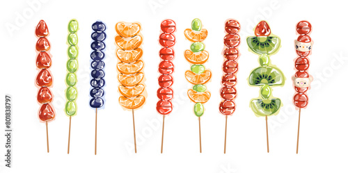 Tanghulu, sugar-coated fruit candies on stick set. Chinese traditional street food. Sweet Asian snacks, strawberry and kiwi Tang hulu skewers. Flat vector illustration isolated on white background