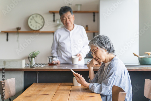 家でスマートフォン・スマホのアプリを使う高齢者女性と男性（困る・悩む・詐欺・トラブル）
 photo