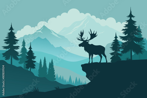 Silhouette of moose on hill. Tree in front  mountains and forest in background. Magical misty landscape