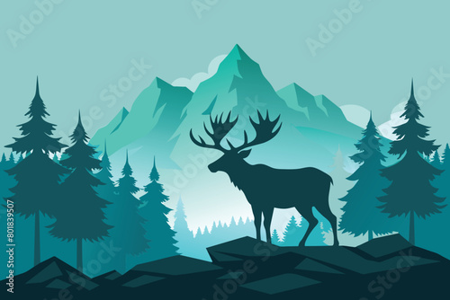 Silhouette of moose on hill. Tree in front  mountains and forest in background. Magical misty landscape