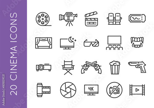 Set of 20 cinema-related icons showcasing various aspects of the film industry. The collection is perfect for use in movie-related design, cinema advertising and film content. Vector illustration