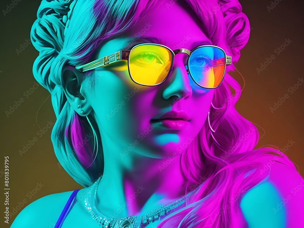 A young woman with colorful hair and glasses is seen posing, presented in style characterized by soft tonal transitions a vibrant color scheme, and luminous hues Beauty portrait of a girl neon shades. A young woman with colorful hair and glasses is seen posing, presented in style characterized by soft tonal transitions a vibrant color scheme, and luminous hues Beauty portrait of a girl neon shades.
