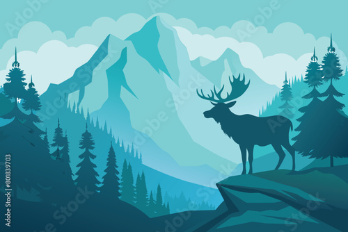 Silhouette of moose on hill. Tree in front  mountains and forest in background. Magical misty landscape