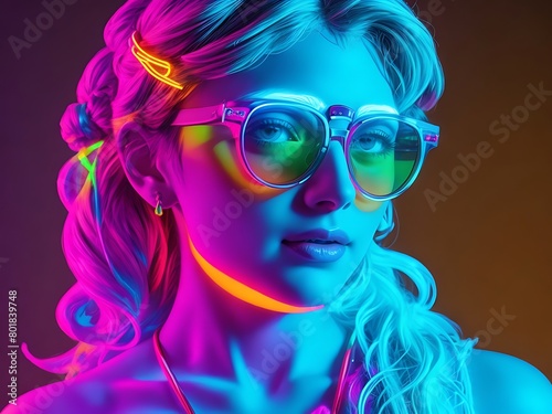 A young woman with colorful hair and glasses is seen posing, presented in style characterized by soft tonal transitions a vibrant color scheme, and luminous hues Beauty portrait of a girl neon shades. © Ameer