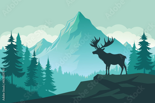 Silhouette of moose on hill. Tree in front  mountains and forest in background. Magical misty landscape