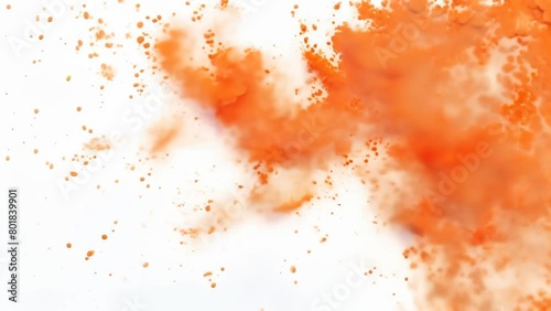 Dense cloud of orange dust particles in assorted sizes dispersed across plain white backdrop, forming gritty, heavily textured abstract composition with depth and dynamism.
 photo