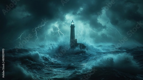 A lighthouse is in the middle of a stormy sea