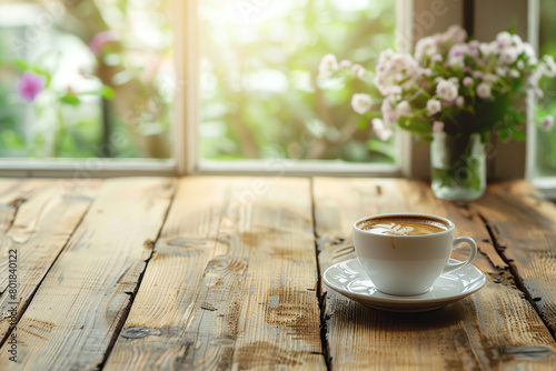 A steaming cup of coffee sits on a rustic wooden table by a sunny window with blooming flowers in the background