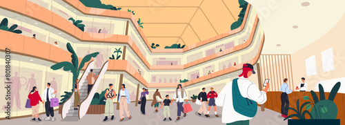 Shopping mall interior scene with people walking, spending time in retail stores. Consumers, buyers in modern multi-storey center with escalators, levels. Shoppers indoors. Flat vector illustration