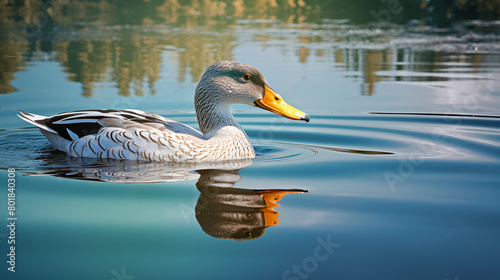 A duck is swimming in the water with a water background.
 photo
