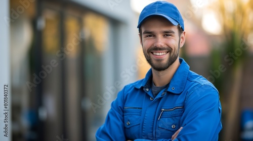 Friendly technician in blue uniform and cap outdoors, Concept of skilled trade jobs and approachable service professionals photo