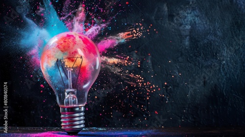 A light bulb is lit up with a colorful explosion of sparks