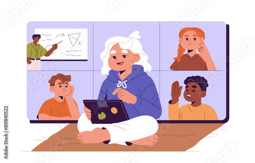 Students' team elearning. Kids study, listen to teacher at distance lesson with video call. Cute schoolmates, girls and boys learning school subjects with online education. Flat vector illustration
