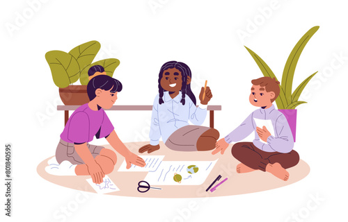 Friends work with school project together. Smart students study, do homework in team. Kids prepare to science lesson. Teamwork education, peer help with home exercises. Flat vector illustration