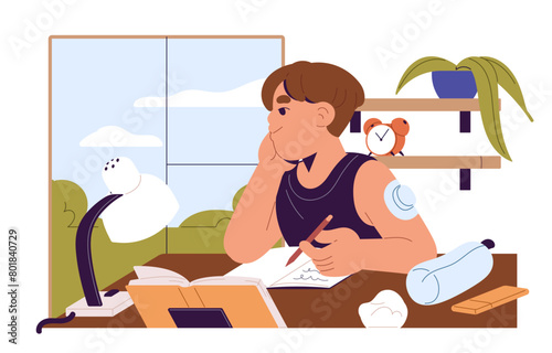 Disabled boy with insulin pump does homework at the table. Kid studies, writes in copybook. Cute student with pen in hand prepares to lessons. Child does home exercises. Flat vector illustration