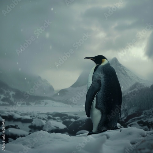 A penguin stands on a snowy mountain  looking out over a frozen lake