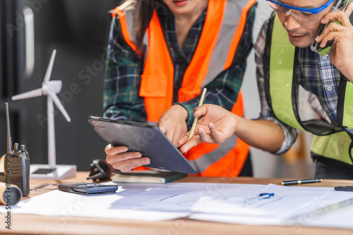 oung Asian forewoman and middle-aged foreman advocate sustainability and clean energy solutions. Proficient in budgeting, design, and architectural planning for eco-friendly projects.