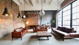 Exposed brick walls, concrete floors, leather sofas, and metal accents, Vintage signage, salvaged wood coffee table, Exposed bulb pendant lights