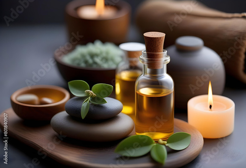 A spa composition with aroma oil on a grey table   candles  and towels