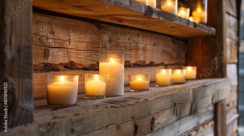In a rustic cabin alcoves built into the wooden walls hold candles of various sizes creating a rustic and romantic atmosphere. 2d flat cartoon.