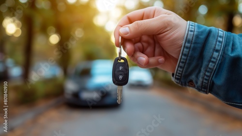 Close-up of hand holding car keys with remote control, symbolizing new ownership and freedom, Concept of autonomy, personal transport, and convenience photo