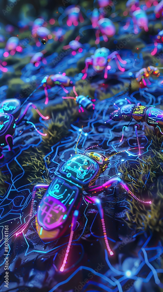 Hyper detailed image of neon cybernetic insects organizing in patterns on a tech enhanced forest floor