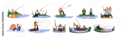 Fisherman fishing set. Fishers with rod  sport angler  net  bait from lake shore and on boat in river. People catching trophy fish. Flat graphic vector illustrations isolated on white background
