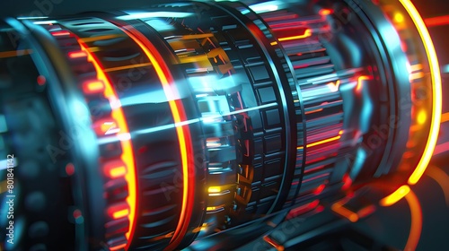Close up of a cross section of a futuristic battery revealing its energy layers with neon highlights
