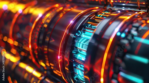 Close up of a cross section of a futuristic battery revealing its energy layers with neon highlights photo