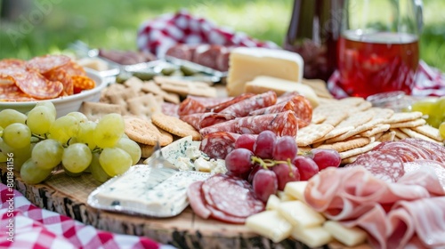 A picnic spread on a picnic blanket filled with various meats cheeses and crackers perfect for a light pregame meal before a long day of cheering.