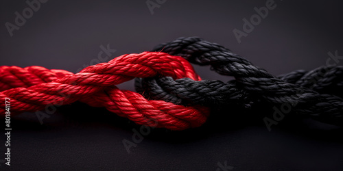 close-up image showcasing two intertwined ropes, one red and one black, symbolizing a strong bond, unity, or partnership, tied together in a secure knot on a dark background, with a red and black reef photo